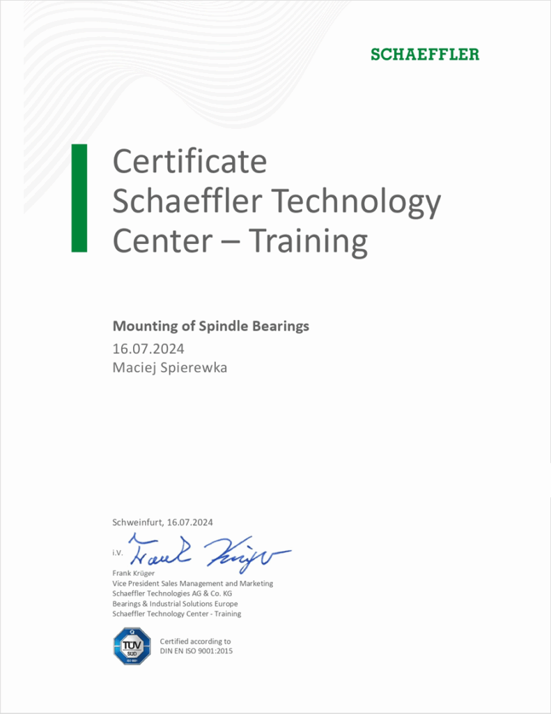 Certifikát pro techniky montáže ložisek při opravách vřeten