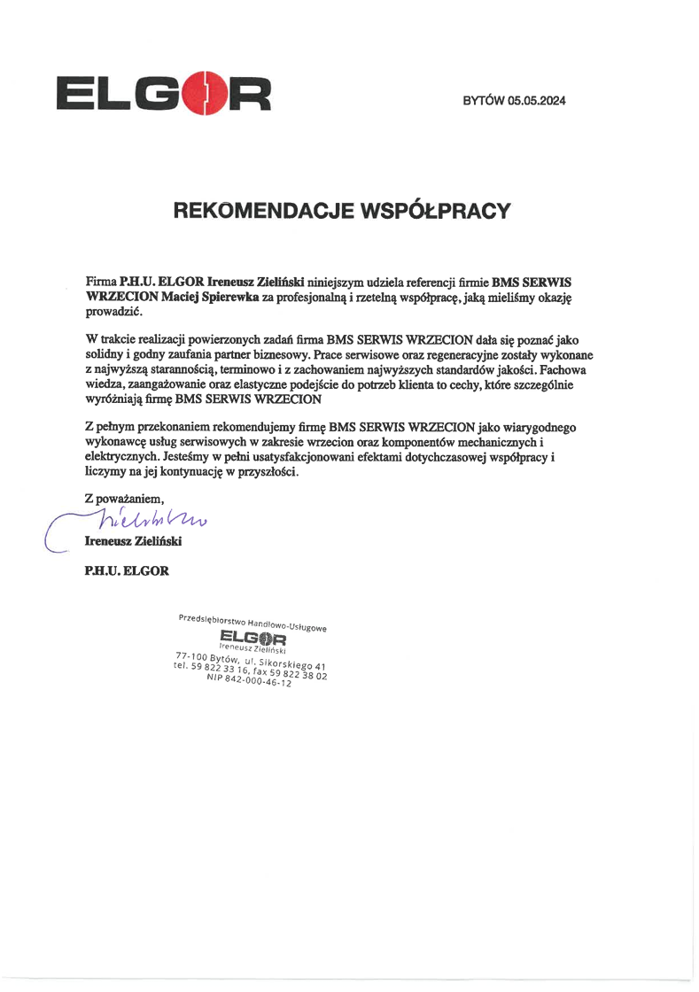Referencje dotyczące współpracy między BMS Spindle Service a firmą Elgor