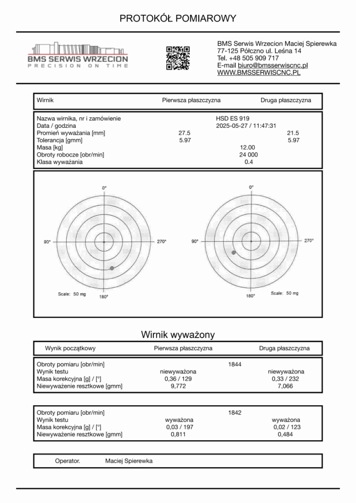 Rapporto di bilanciatura mandrino HSD ES 919