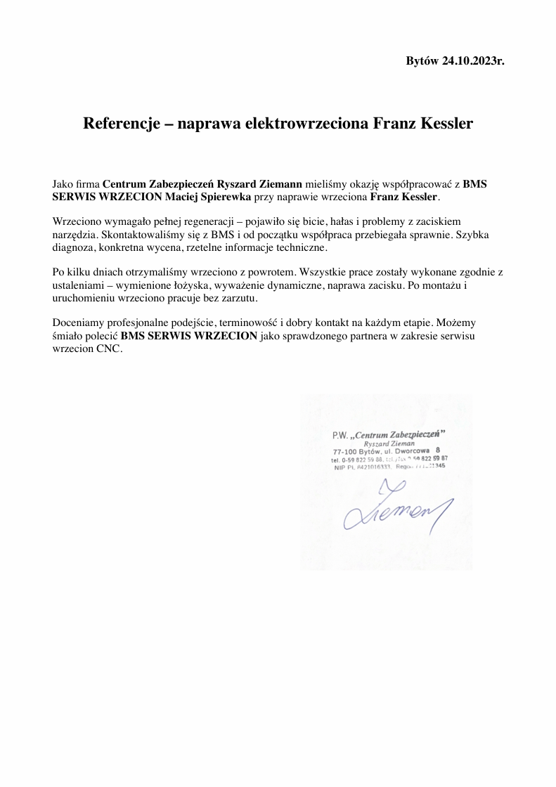 Referencje dotyczące naprawy wrzeciona przez firmę Franz Kessler